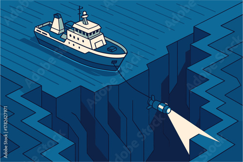 Isometric ship exploration with underwater submarine in deep ocean