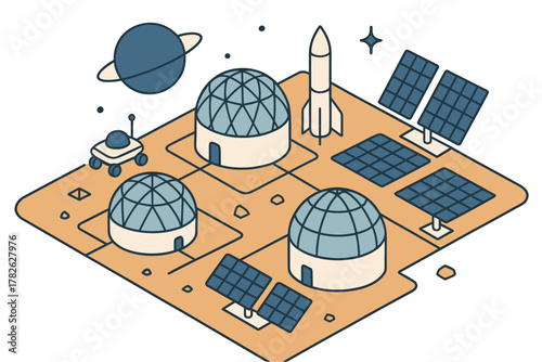 Futuristic isometric mars colony with solar panels, domes, and rover