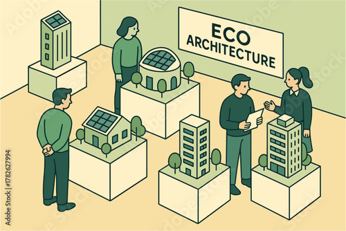 Sustainable building exhibition featuring eco-friendly architectural models