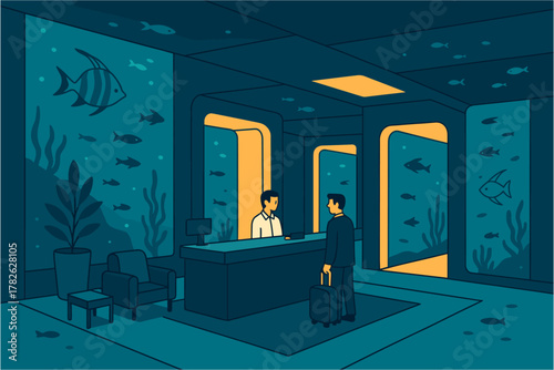 Modern hotel lobby with aquarium walls and reception desk in geometric style