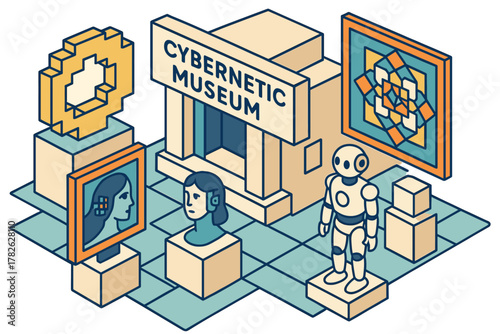 Futuristic cybernetic museum with robot and geometric art in isometric style