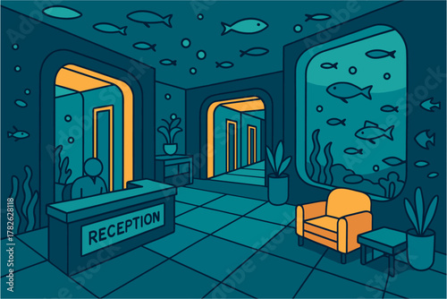 Isometric underwater-themed reception area with aquarium walls and sea life