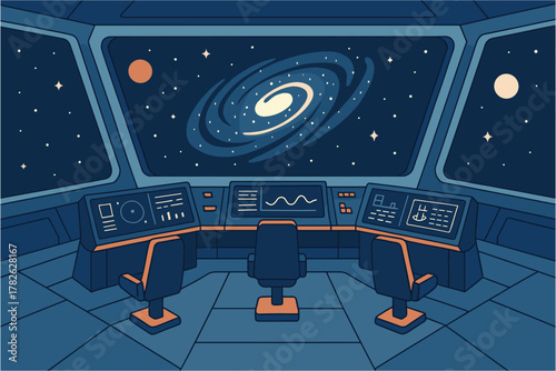 Futuristic spaceship cockpit with galaxy view through windows in flat design
