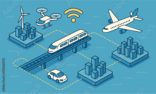 Smart transportation network: futuristic mobility with trains, cars, drones, and planes
