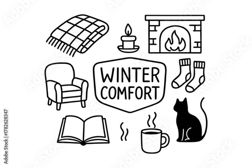 Cozy winter essentials: hand-drawn symbols of warmth and comfort