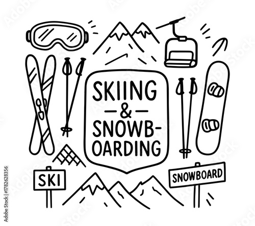 Winter sports essentials: skiing and snowboarding line art design