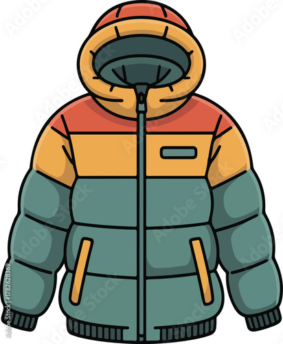 Winter puffer jacket illustration with colorful multiple sections in orange, green, and teal