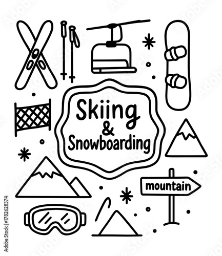 Winter sports icons: skiing and snowboarding outline doodles for adventure enthusiasts