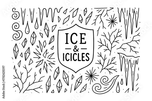 Ice and icicles doodle collection with hand drawn elements