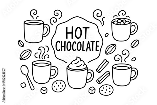 Cozy hot chocolate with marshmallows and cinnamon in line art style