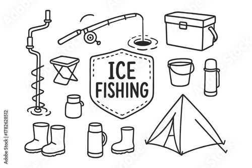 Simple linear ice fishing tools and equipment collection for outdoor enthusiasts