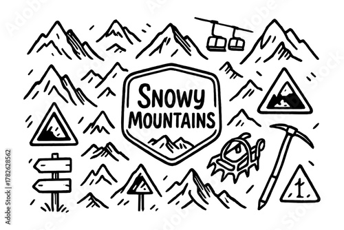 Hand-drawn mountain adventure icons for winter activities and travel