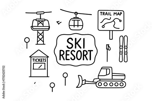 Ski resort line art: gondola, trail map, tickets, and snowcat elements