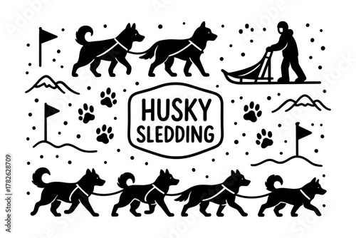 Silhouette design of husky sledding adventure with mountaintop landscape and paw prints