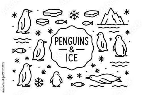 Cute penguin and ice pattern with arctic elements in a simple line design