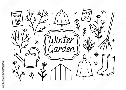 Winter garden outline with gardening tools and plants for seasonal designs