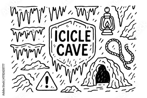 Monochrome doodle of a cave adventure with icicles and lanterns