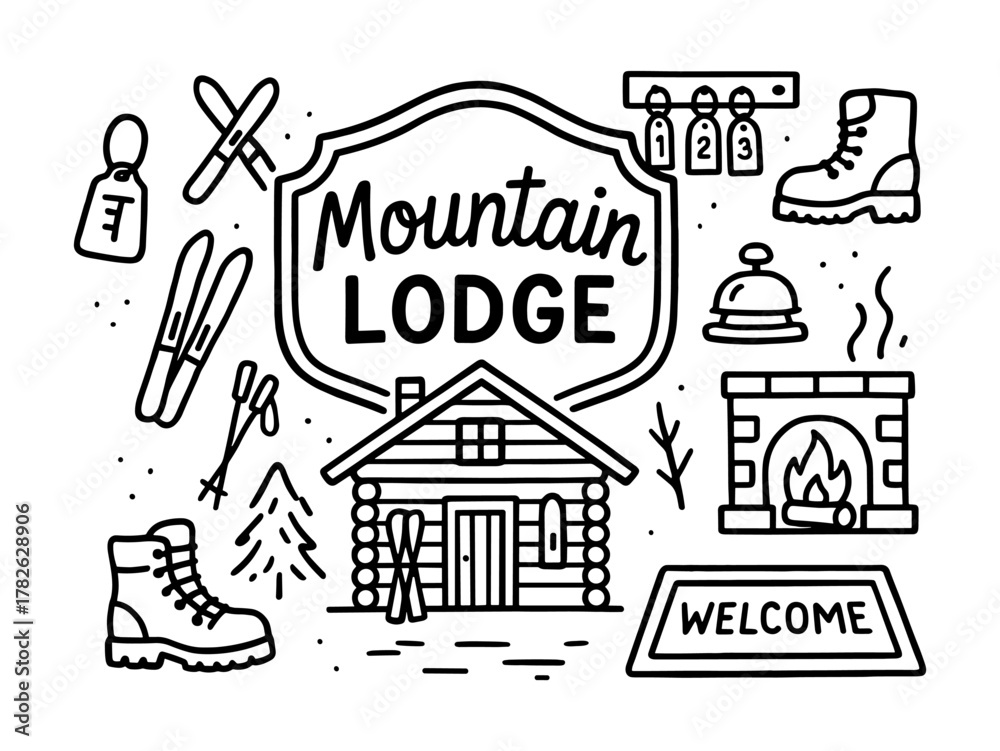 Fototapeta premium Mountain lodge design with linear icons of ski equipment, boots, and cozy fireplace elements