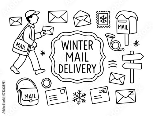 Winter mail delivery concept with postman and mail elements in linear style