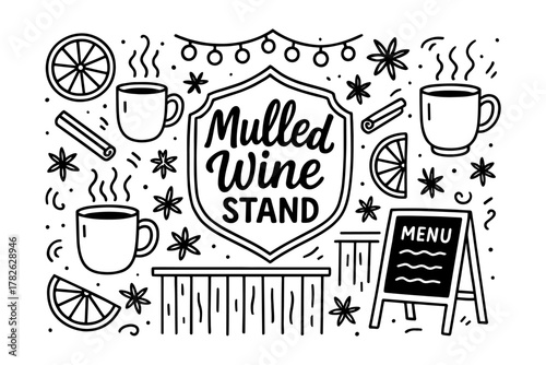 Mulled wine stand black and white doodle with cups and citrus elements