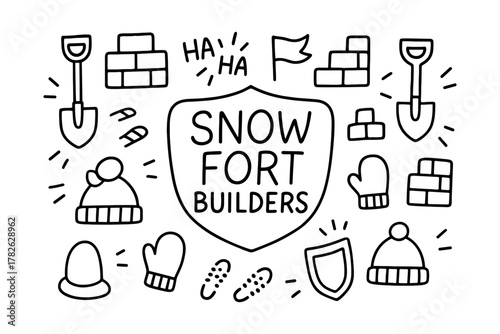 Snow fort builders design with winter accessories in black and white