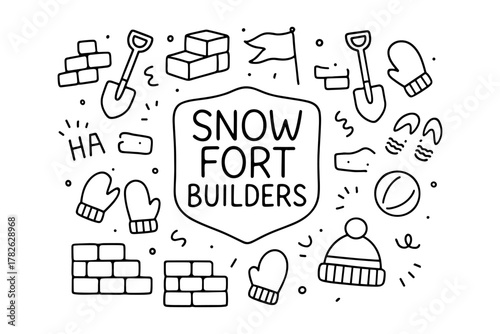 Winter fun doodle design for snow fort builders with shovels and mittens
