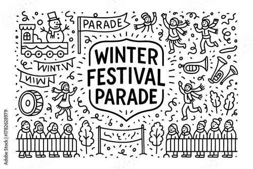 Winter festival parade doodle art with snowman and joyful celebration elements
