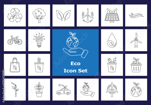 Ecology Outline Icons Vector Set. Recycling, Tree, Leaf, Solar Panel, Wind, Environment Protection, Water Drop Line Icon Collection for Sustainability.