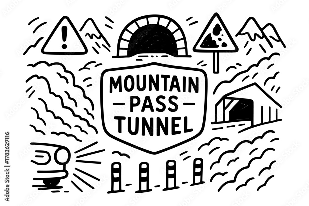 Fototapeta premium Monochrome mountain pass tunnel with warning signs and symbols