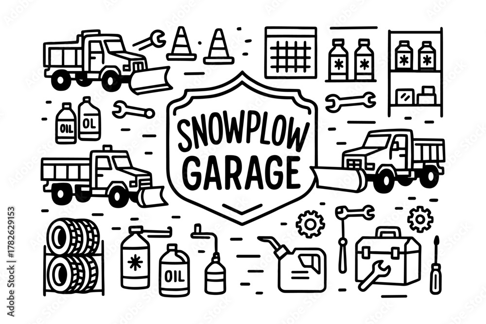 Fototapeta premium Snowplow garage equipment layout with linear style icons