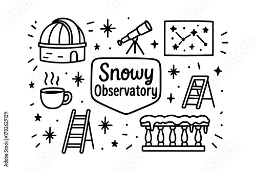 Snowy astronomy: telescopes, constellations, and observatories in simple doodle style