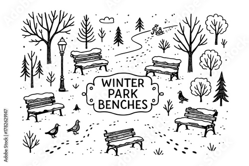 Winter park scene with benches and trees in hand-drawn style