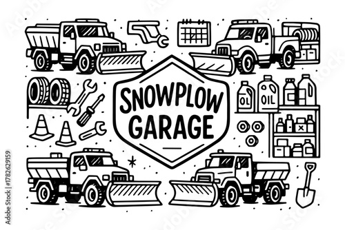 Snowplow garage doodle art with trucks, tools, and equipment in black and white
