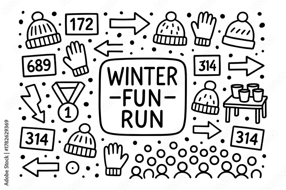 Fototapeta premium Winter fun run event in doodle style with hats, gloves, and numbers