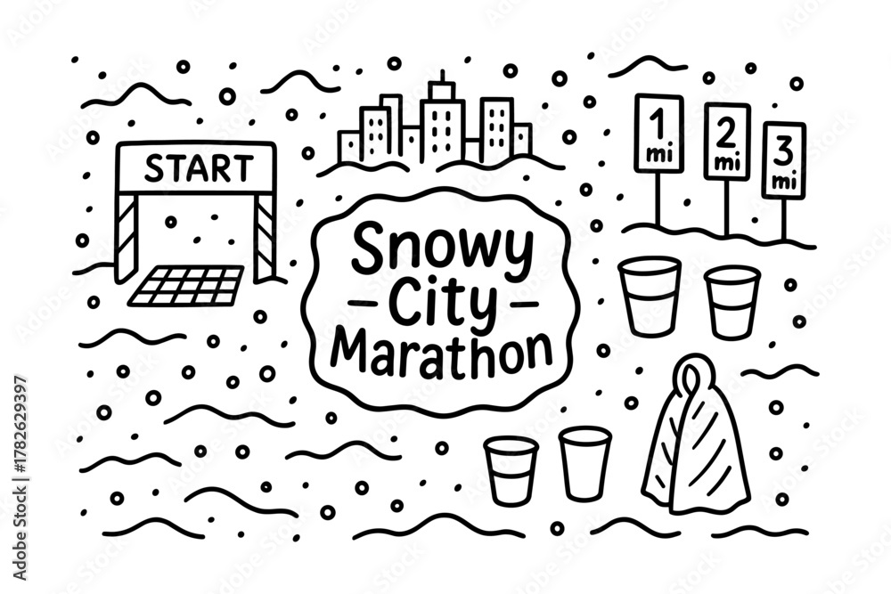 Naklejka premium Snowy city marathon outline design with start and route markers
