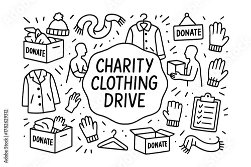 Charity clothing drive concept with doodled elements for donation events and community support