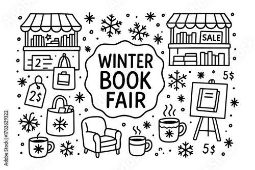 Winter book fair doodle: cozy bookshop vibes with snowflakes and hot cocoa