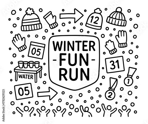 Winter fun run activity doodle with hats, gloves, and snowflakes