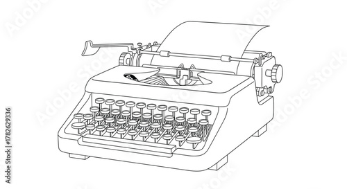 Detailed line art illustration of a vintage manual typewriter with paper, representing classic writing and communication.