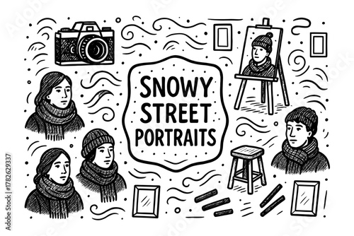 Cozy winter art: capturing snowy street portraits with hand-drawn charm