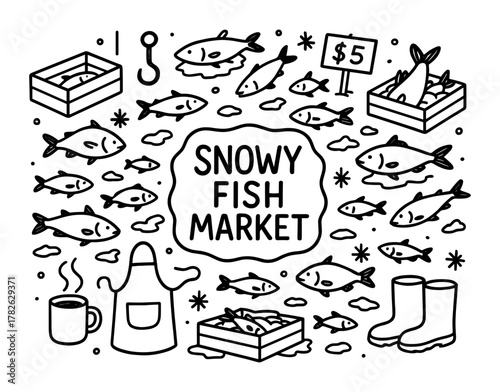 Monochrome fish market doodle with winter elements and seafood icons