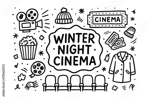 Winter night cinema doodle with film, popcorn, and cozy elements
