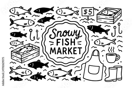 Vintage seafood market doodle with fish, hooks, and accessories