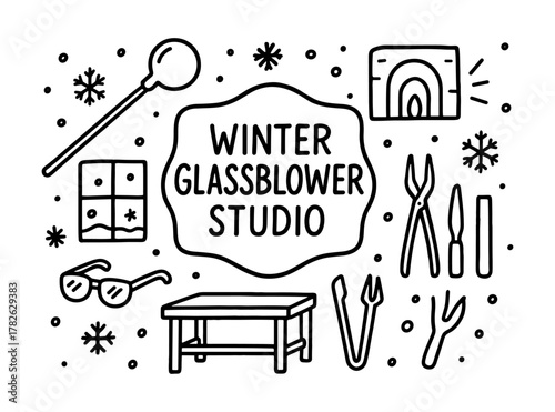 Winter glassblower studio: tools and elements in black and white outline design