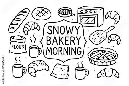 Cozy morning at the bakery: fresh bread, croissants, and warm coffee in doodle style