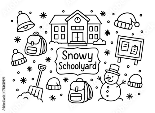 Winter schoolyard with snowman and backpacks in black and white outline