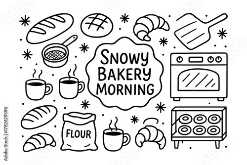 Cozy baking morning: hand-drawn elements of pastries, coffee, and kitchen tools