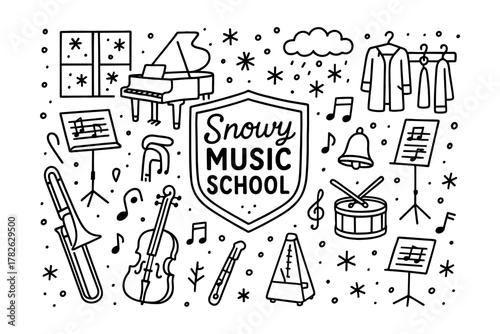 Winter music school icons with musical instruments and notes in doodle style