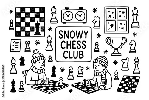 Winter chess activities with kids in doodle style: playful black and white design