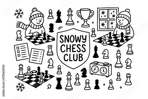 Snowy chess club doodle with kids playing chess in winter scene